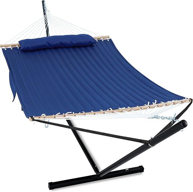 2 Person Hammock with Stand for Outside, Heavy Duty Steel Stand, Double 55inch Hammocks, Large Removable Pillow, Storage Bags, Max 475 lbs Capacity (Blue)