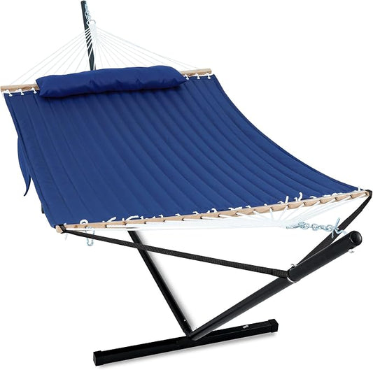 GAFETE 2 Person Hammock with Stand for Outside, Heavy Duty Steel Stand, Double 55inch Hammocks, Large Removable Pillow, Storage Bags, Max 475 lbs Capacity (Blue)