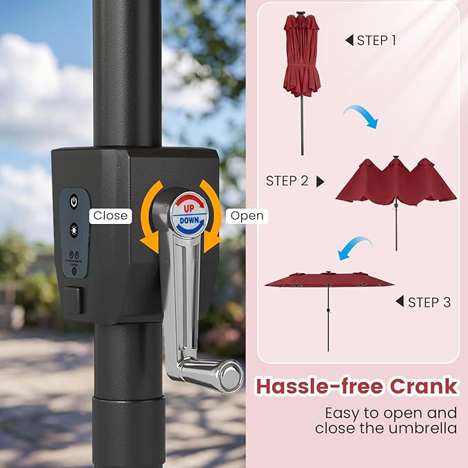 Tangkula 13 Ft Solar Patio Umbrella, Double-Sided Extra Large Outdoor Market Table Umbrella with Multi-Colored Flowing LED Lights, Crank Handle, 12 Sturdy Ribs for Poolside, Garden & Backyard (Wine)