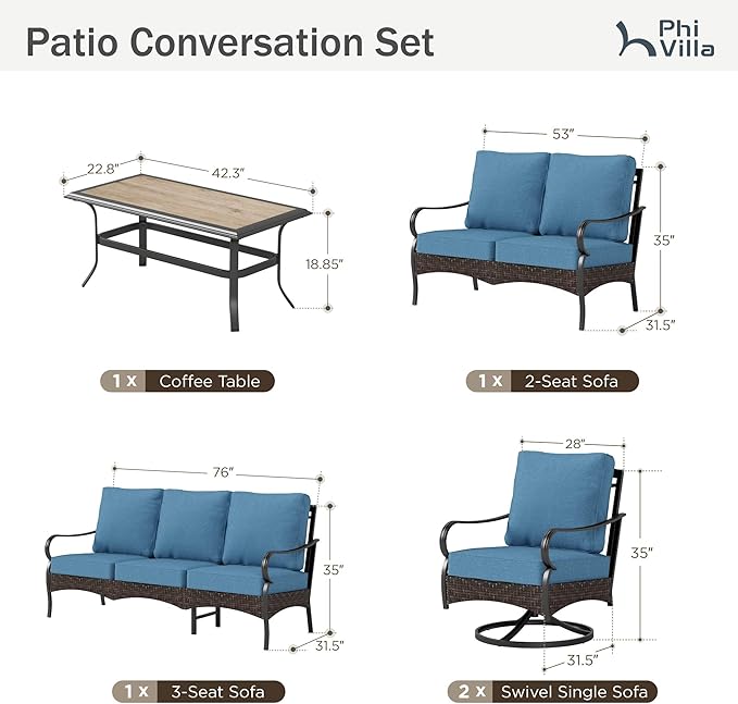 PHI VILLA Outdoor Modern Patio Furniture Set, Upgraded Wicker & Metal Patio Conversation Set with Waterproof Thick Cushions for Porch, Poolside, Yard(5 Pieces,Navy)