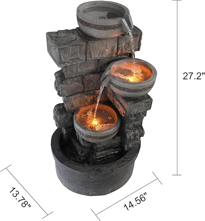 Cheng Pin 3 Tiers Water Fountain Outdoor - 28 Inch Tall Cascading Bowls and Stacked Stones Design, Create Relaxing Waterfall Flow Water Feature for Your Garden, Bird Good Rest Stop for Outside