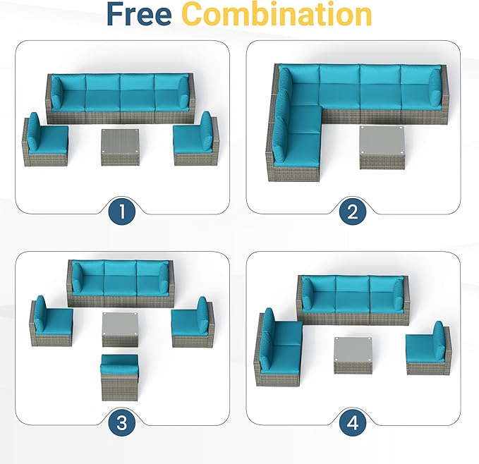 RoyalCraft Outdoor 7-Piece Patio Furniture Set, Wicker Patio Conversation Sets with Cushions and Coffee Table, All Weather Outdoor Modular Sectional Sofa for Porch Balcony Backyard Deck, Light Blue