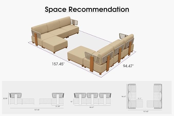 PURPLE LEAF Patio Furniture Set Modular L-Shaped Outdoor Sectional Sofa with 11" Thick Olefin Cushion 8-Piece Outdoor Conversation Set with Ottomans for Backyard Garden Poolside, Beige