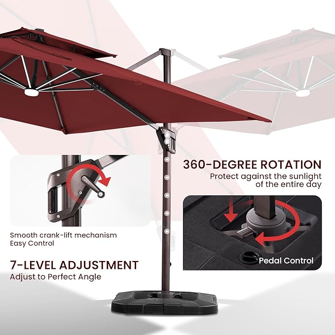 10x10 FT Cantilever Patio Umbrella with Base and Led Lights Double Top Outdoor Square Large Heavy Duty Aluminum Offset Umbrellas with 7 Level Tilt 360-degree Rotation for Pool Garden Deck, Wine Red