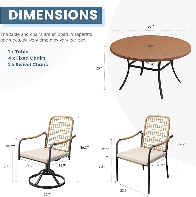 DIFY 7 Pieces Outdoor Dining Set for 6, Patio Furniture Set of 6 Wicker Patio Chairs with Soft Cushions and 53" Walnut Round Metal Table with Umbrella Hole, for Backyard Garden Deck, Wheat Rattan