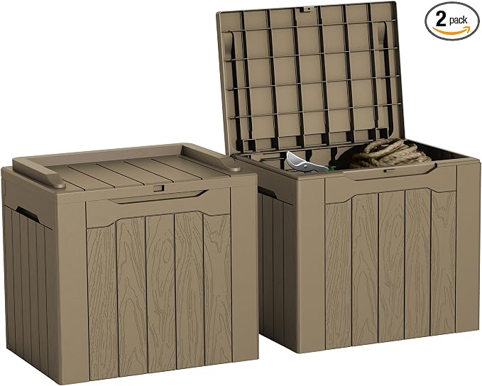 GUNJI 30 Gallon Small Deck Box Outdoor Waterproof Resin Storage Box Lockable Storage Container Outside Package Delivery Box 2 Packs (Beige, 2 Packs)