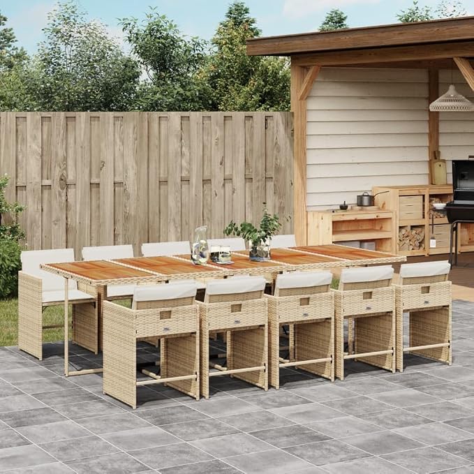 11-Piece Outdoor Dining Set, 10-Seater PE Rattan Patio Furniture with Acacia Wood Tabletop and Padded Cushions for Garden Backyard