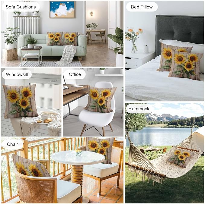 Pack of 2 Waterproof Outdoor Pillow Covers 24x24 Inch Decorative Pillow Covers Sunflowers Throw Pillowcases Farmhouse Wooden Grain Botanical Floral Outdoor Cushion Cover for Couch, Patio, Tent