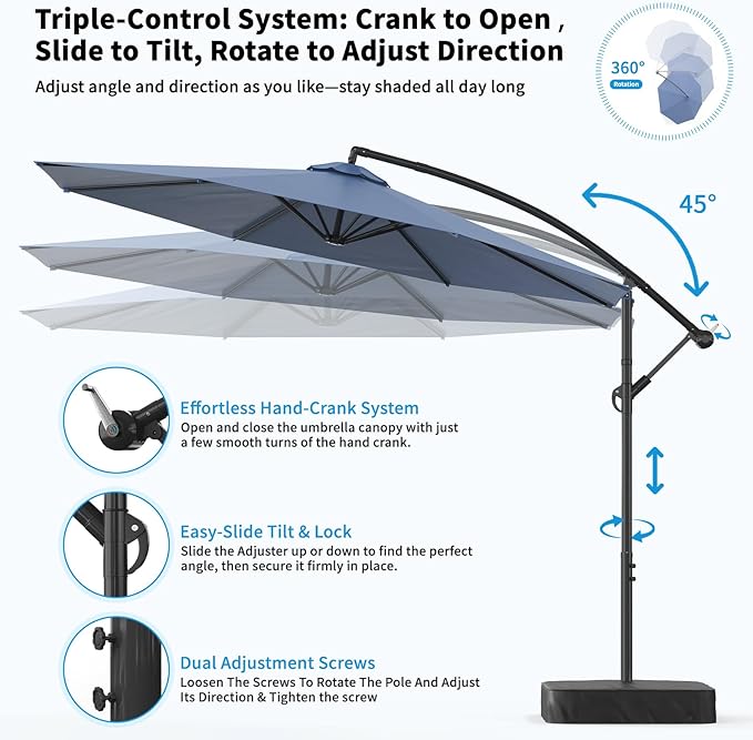 10ft Cantilever Offset Patio Umbrella with Base, Large Outdoor Patio Umbrella, 360° Rotation & Easy Tilt Adjustment, UV Protection Waterproof Patio Umbrellas for Backyard, Garden, Patio, Deck, Pool
