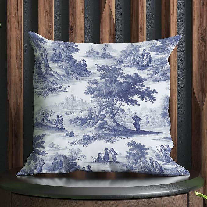 Pillowcase Navy White Blue Decorative Toile Print Cushion Cases Rustic French Charmed Life Toile Pillow Cover Accent Modern Decorative Pillow Covers for Patio Deck Chair 26x26 in