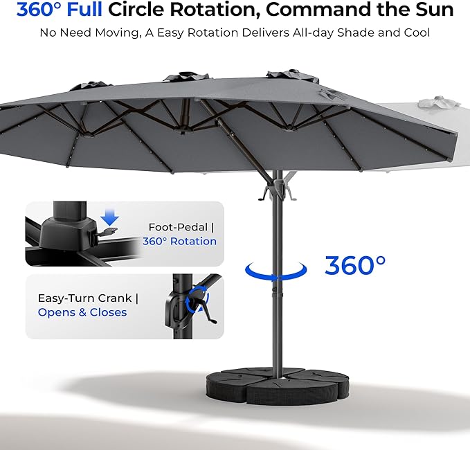 HOMSHADE 15FT Cantilever Double-Sided Umbrella with Solar Light and Base, Rectangle Oversized Offset Patio Umbrellas, Extra Large Outdoor Umbrella for Pool, Deck, Garden, Market (Dark Gray)