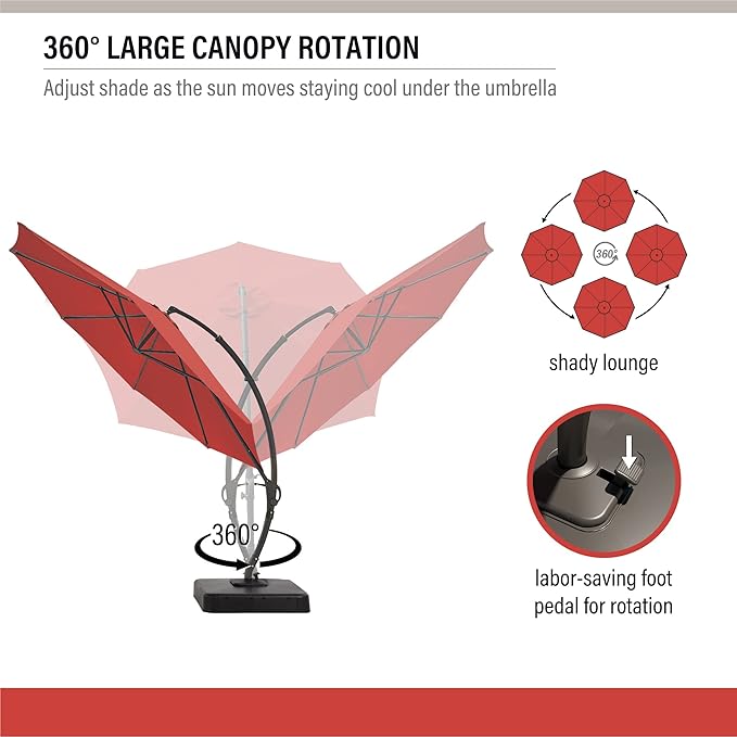 LAUSAINT HOME 11FT Curvy Cantilever Patio Umbrella with Base, 360° Rotation Offset Outdoor Umbrella, Heavy Duty Hanging Umbrella for Backyard, Pool, Garden（Red）