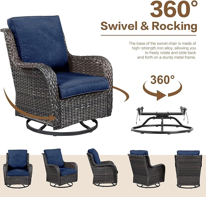 5 Pieces Outdoor Patio Furniture Conversation Set PE Rattan Wicker with 2 Swivel Glider Rocker Chairs, 2 Coffee Table and 1 Loveseat for Yard Backyard Poolside (Brown/Navy Blue)