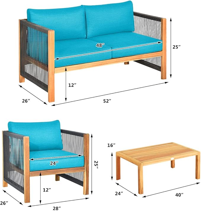Tangkula Outdoor Wood Furniture Set, Acacia Wood Loveseat Sofa, 4 Single Chairs and 2Coffee Tables, 8 Pieces Conversation Set with Cushions, Garden Balcony Poolside Outdoor Living Set (2, Turquoise)