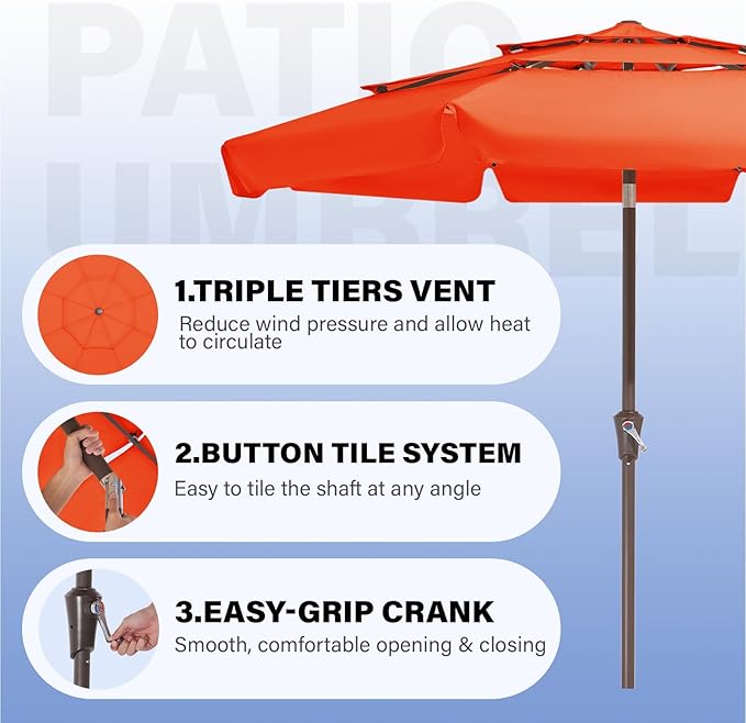 JEAREY 3 Tiers 9 FT Patio Umbrellas Outdoor Table Umbrella with Push Button Market Umbrella 8 Sturdy Ribs UV Protection Waterproof for Garden,Orange