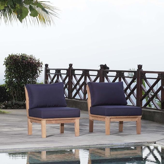 Modway EEI-1821-NAT-NAV-SET Marina Premium Grade A Teak Wood Outdoor Patio Armless Chairs-Set of 2, Natural Navy