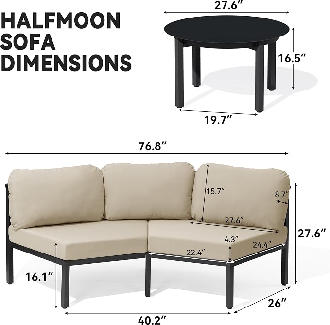 Crestlive Curved Patio Furniture Set, Modular Half Moon 4-Seater Sofa with Round Coffee Table, Aluminum Outdoor Sectional with 4.3" Cushions, All-Weather Couch for Backyard, Deck, Porch, Poolside