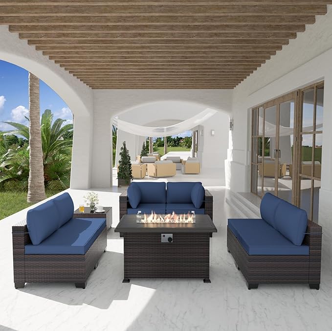 Patio Furniture Set with Fire Pit Table 8-Piece Outdoor Sectional Furniture Outdoor Rattan Patio Conversation Sets with 55,000 BTU Propane Gas Fire Pit Table and Glass Table, Navy Blue