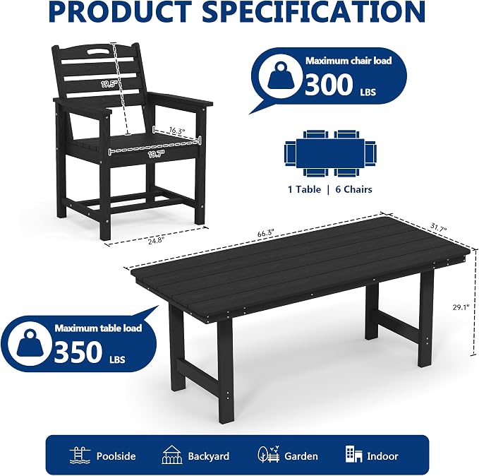 PIZZELLO HDPE Outdoor Dining Set, Patio Table and Chairs Set, All-Weather 7-Piece Outside Table and 6 Chairs, 2" Umbrella Hole, Outdoor Furniture for Garden, Poolside, Backyard, Deck