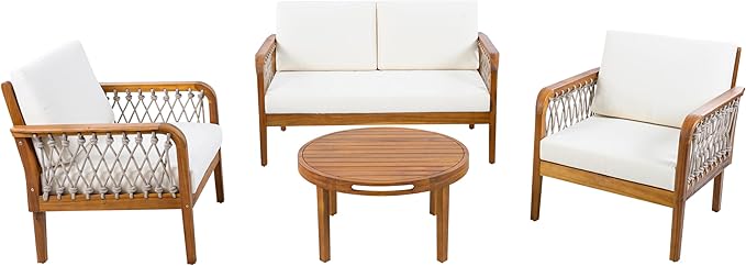 Merax 4-Piece Outdoor Acacia Wood Patio Conversation Set, 2 Club Chairs + Loveseat & Coffee Table with Handwoven Rope & Cushions, Furniture Set for Garden, Balcony, Poolside, Teak