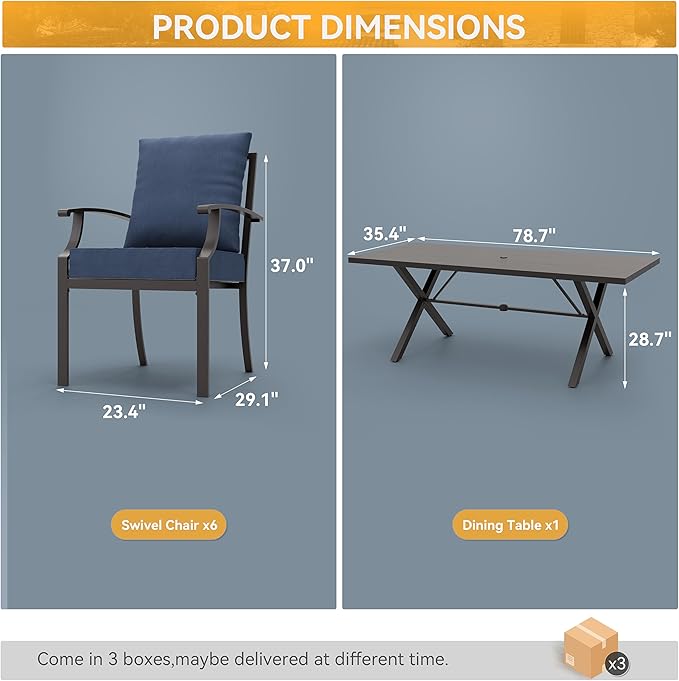ALAULM 7-Piece Patio Dining Table and Chairs Outdoor Dining Set for 6 Patio Dining Sets with Rectangular Metal Table with Umbrella Hole for Patio, Backyard, Garden-DarkBlue