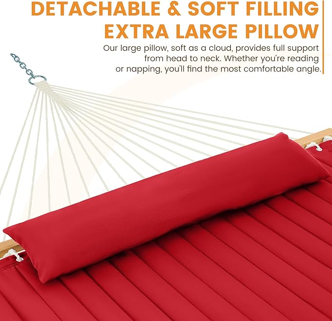 Lazy Daze Hammocks 12 FT Double Quilted Fabric Hammock with Spreader Bar and Detachable Pillow, 2 Person Hammock, 450lbs Weight Capacity, Burgundy