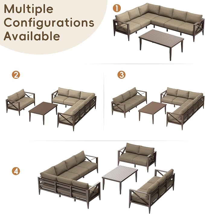 Patio Sectional Sofa Set 9 Seat Outdoor Conversation Set with Cushions, Aluminum Patio Furniture for Backyard Deck Garden Seating