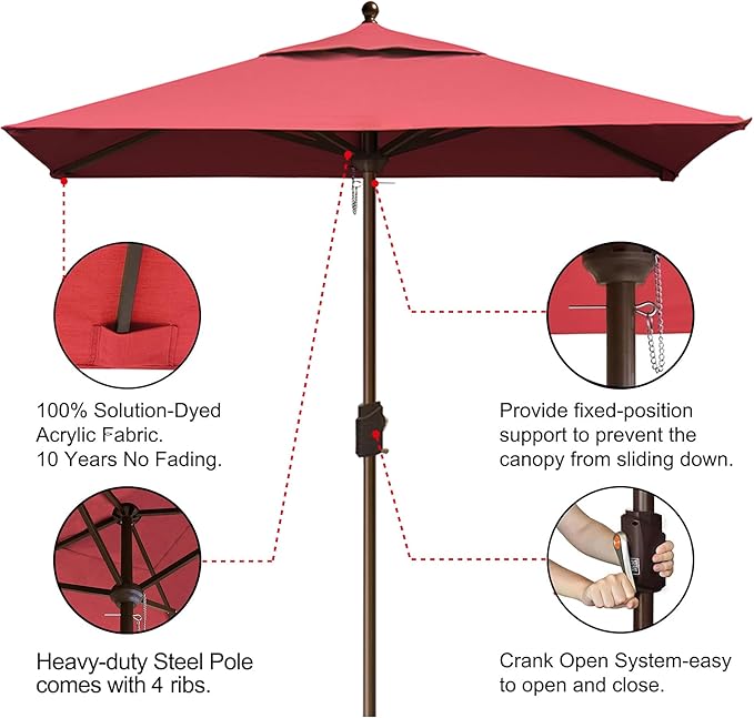 EliteShade USA 10-Year-Non-Fading 6x6Ft Square Market Patio Umbrella, UPF 50+ UV Protection Performance Sun Umbrella, Heavy Duty Commercial Grade Outdoor Table Umbrella with Crank, Windproof Vented Top for Garden, Pool, Deck and Outdoor Playsets, Burgundy