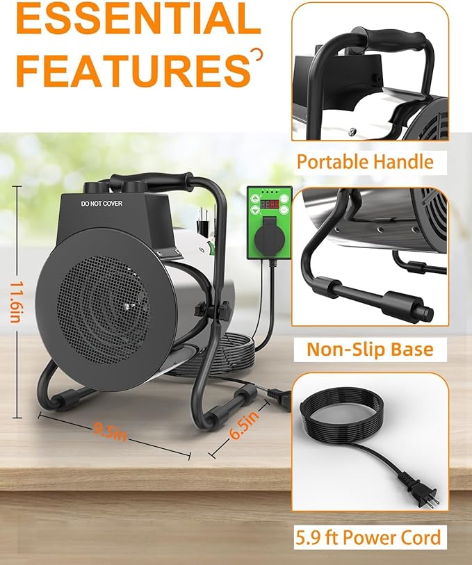 Buyplus Greenhouse Heater with Digital Thermostat, 1500W Outdoor Heaters for Patio, Overheat Protection & 3S Fast Heating, Electric Space Heater for Patio, Garage, Greenhouse, Flower House, Silver