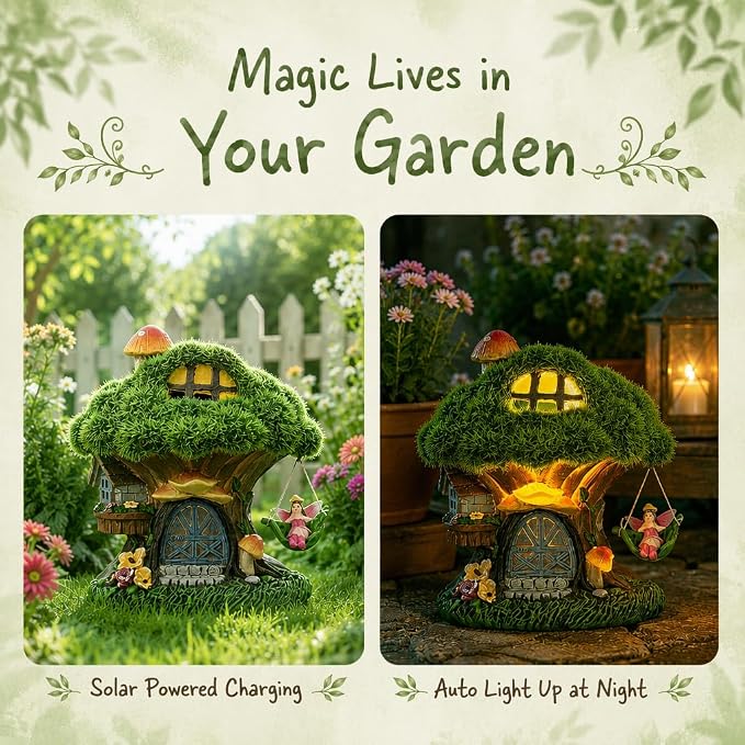 TERESA'S COLLECTIONS Fairy House Outdoor Statues with Solar Light for Garden Decor, Green Moss Resin Outdoor Cottage with Swinging Fairy, Lawn Ornaments Yard Decor Gifts for Mom Women, 5.1"
