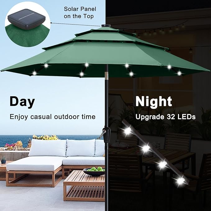 ABCCANOPY 3-Tiers 11FT Solar Patio Umbrella, Outdoor Umbrella with 32 LED Lights for for Deck, Pool, Garden, Backyard (Green)