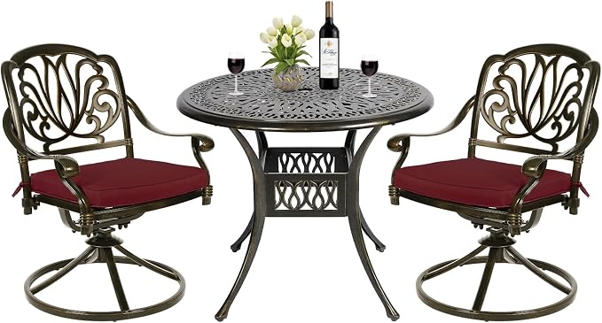 MEETWARM 3-Piece Outdoor Patio Dining Set, All-Weather Cast Aluminum Patio Conversation Set - 2 Cushions Swivel Rocker Chairs and 35.4" Round Table for Backyard Garden Deck, Umbrella Hole, Chili Red