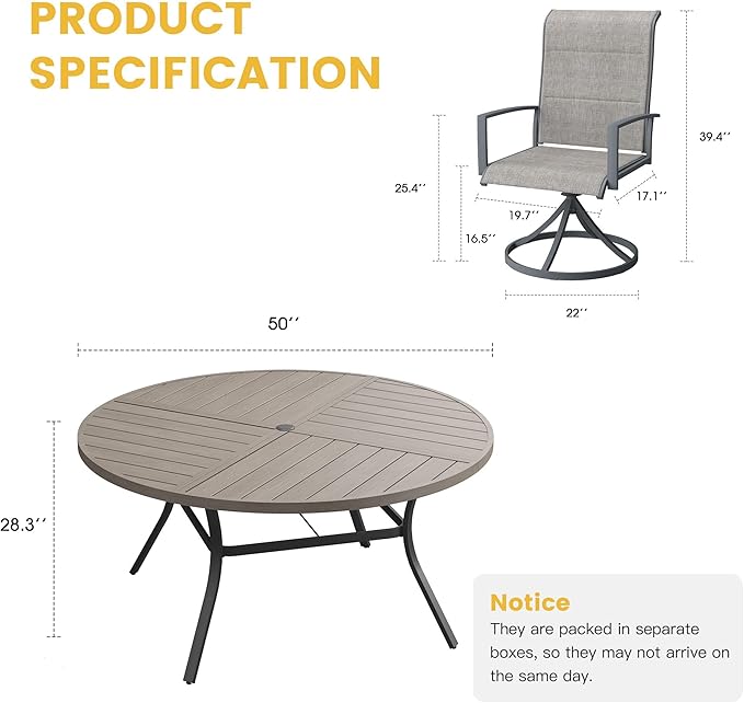 VICLLAX Patio Dining Set for 6, 6 Seats Outdoor Furniture Includes 50.1" Round Patio Table and Swivel Padded Chairs, Grey Wood Grain Tabletop and Grey Fabric