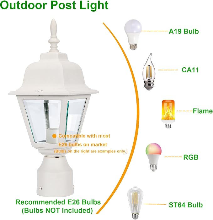Outdoor Post Light, Rustproof Aluminum Pole Lamp, White | Exterior Lamp Post Light Fixture for Garden, Yard, Pathway, Waterproof, Glass, E26 Base, Max 60W