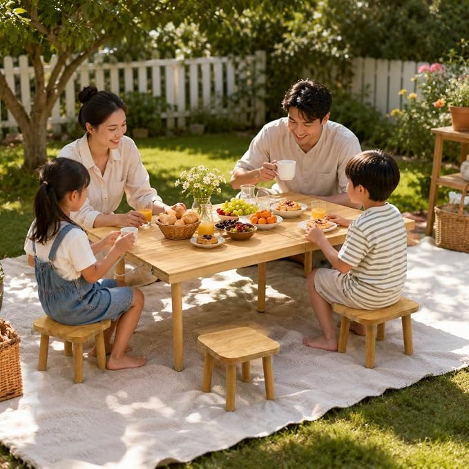 Wooden Picnic Stool, Tool-Free Assembly Solid Wood Low Profile Portable Seat for Indoor Home, Outdoor Camping, Beach and Patio