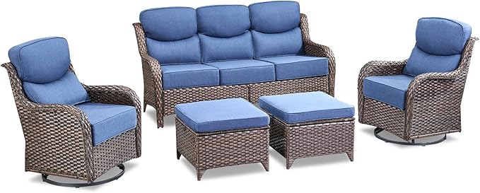 Luxury 5 Piece Patio Furniture Set-All Weather Outdoor Swivel Rocker Chairs with 6" Thick Cushions Multifunctional Ottoman Rattan Patio Conversation Sets for Porch Deck Garden Backyard(Brown/Blue)
