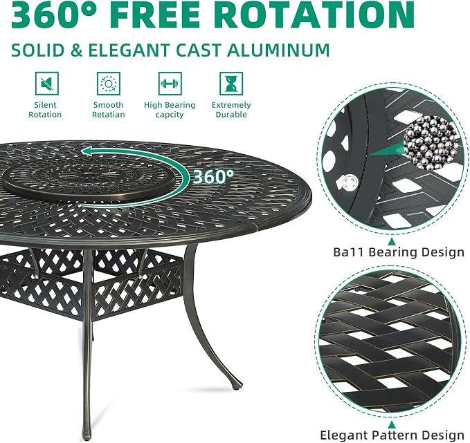 VIVIJASON Outdoor 61" Patio Dining Table for 6-8 Person, Patio Round Dining Table with 24" Lazy Susan, Cast Aluminum Rustic Patio Table W/Umbrella Hole for Balcony, Porch and Deck, Dark Bronze