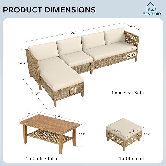 MFSTUDIO Wicker Patio Furniture Set, Rattan Outdoor Couch Sectional Sofa, 5 Pieces Patio Conversation Set with Acacia Wood Coffee Table, Outdoor Rattan Furniture Set for Garden or Balcony, Beige