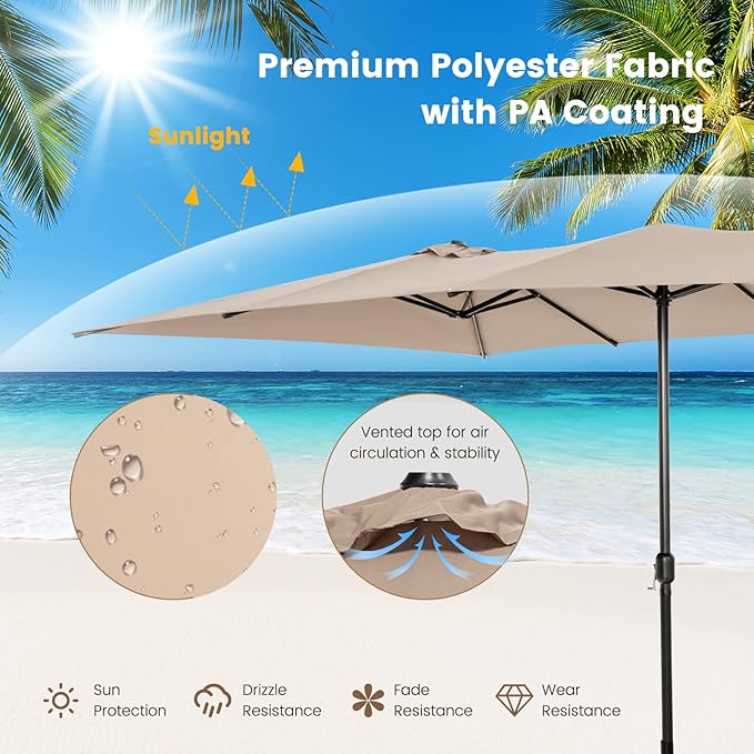 Tangkula 15 FT Double-Sided Patio Umbrella with Crank Handle, Vented Tops, Large Outdoor Rectangle Market Twin Umbrella with 10-Rib Metal Structure, Table Umbrella for Poolside Deck Lawn Garden