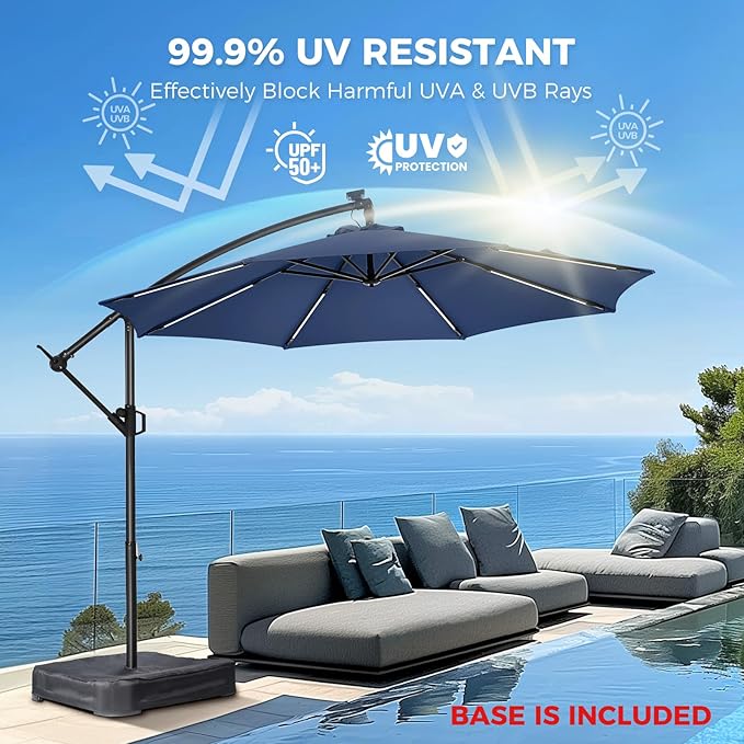 HOMSHADE 10ft Solar Lights Offset Cantilever Patio Umbrella - with Light and Base, LED Lighted Offset Hanging Patio Outdoor Market Umbrella UPF50+ UV Protection with Easy Tilt and Crank (Navy Blue)