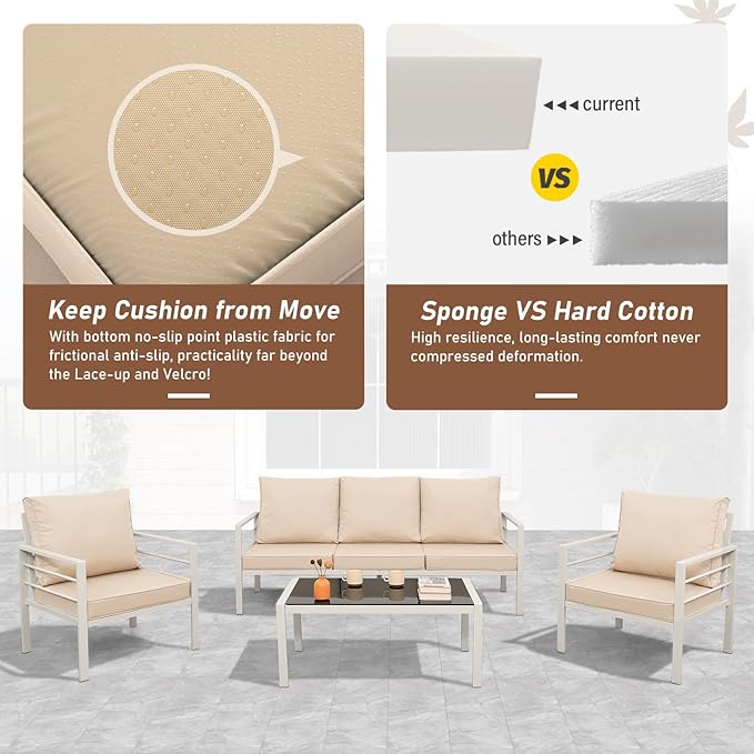 4-Piece Patio Furniture Set White Outdoor Metal Frame Sofa with High Backrest Seating Glass Coffee Table All-weather Metal Patio Conversation Set with Non-slip Cushions and Waterproof Covers, Khaki