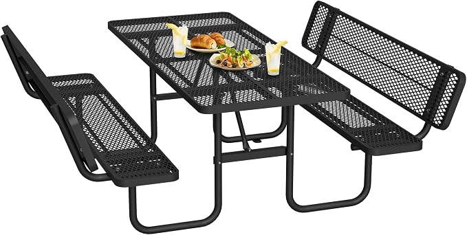 79" Rectangular Metal Picnic Table with Backrest, 1.73" Umbrella Hole, Heavy-Duty Rust Resistant Steel Mesh Table Set, Smooth Rounded Corner Design for Yard, Park, Beach & BBQ, Black