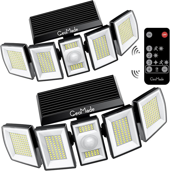 GeoMade Solar Outdoor Lights, Flood Light Motion Sensor & Dusk to Dawn, Solar Spotlights Outdoor Waterproof, 300 Security LED & Remote Control, 5 Head 270°, Spot lamp for Wall Backyard, 2 Pack
