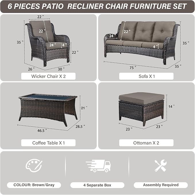 Belord Patio Wicker Sofa Set 6 Pieces Patio Furniture Set Outdoor Couch, 2 Patio Wicker Chairs with 1 Sofa, Coffee Table and Ottomans, Patio Conversation Set for Porch Garden Deck Balcony Poolside