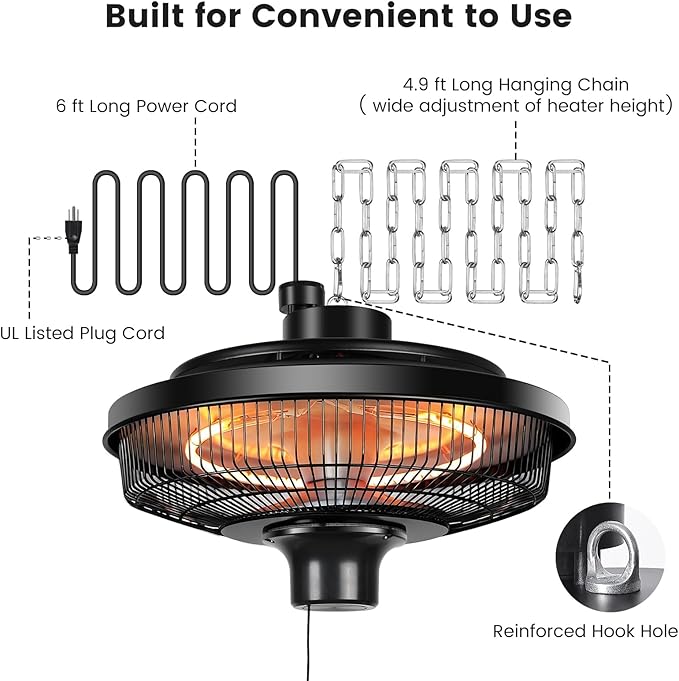 Fanspex Hanging Patio Heater, 1500W Electric Infrared Heaters for Home, Gazebo, Garage, Greenhouse, Ceiling Mount with Overheat Protection, IPX4 Water Resistance, Adjustable Height (Black)