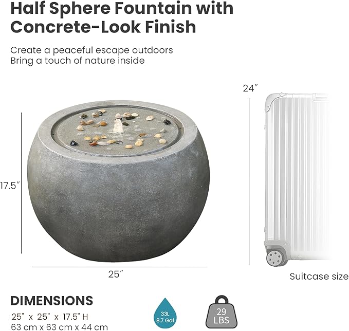 Tankana Garden Water Fountain Outdoor Large Round Bubbler Water Feature Indoor with Lights & Pump and Pebbles Concrete Effect for Patio Pool Pond Yard Home Decor Gray, 25 "L X 25" W X 17.5" H