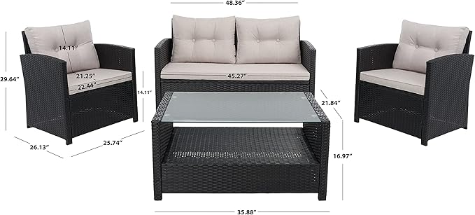 SAFAVIEH Outdoor Collection Vellor Black/Light Grey Cushion 4-Piece Conversation Patio Set