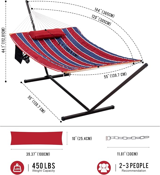 Lazy Daze Hammocks Double Hammock with 12 ft Steel Stand, 2 Person Cotton Rope Hammock with Quilted Pad, Spreader Bars, Detachable Pillow, Mag Bag & Cup Holder, Red&Navy Stripe