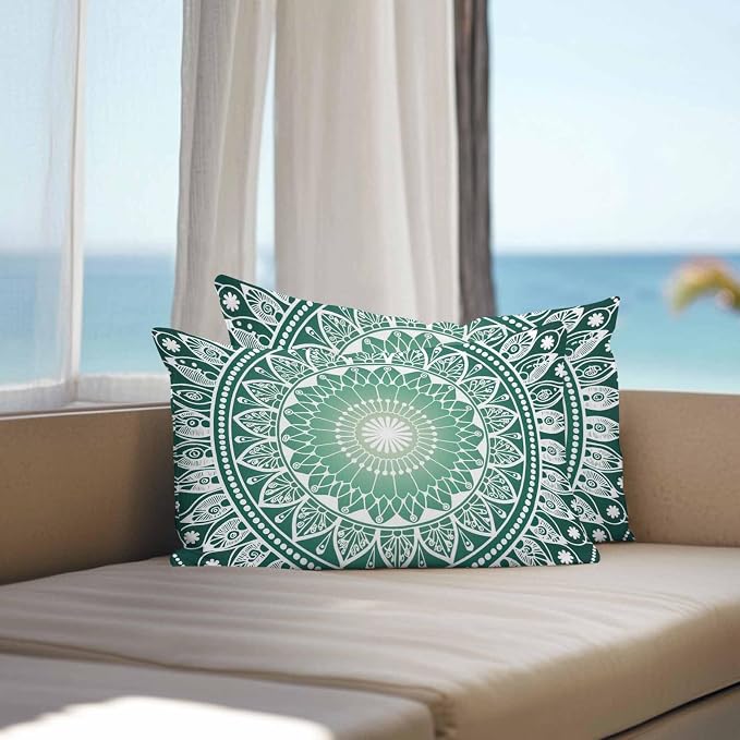 Vandarllin Outdoor Throw Pillows Covers 20x12 inch Set of 2 Waterproof Green Boho Floral Decorative Zippered Cushion Covers for Patio Furniture, Bohemian Sacred Space Art Lumbar Pillowcases