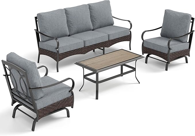PHI VILLA Outdoor Modern Patio Furniture Set, Upgraded Wicker & Metal Patio Furniture Conversation Set with Waterproof Thick Cushions for Porch, Poolside, Yard (4 Pieces,Grey)